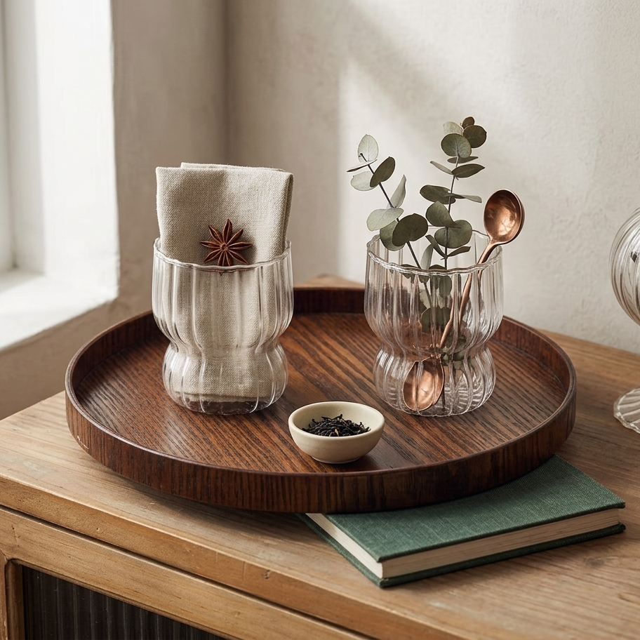A wooden tray styled with glasses and greenery