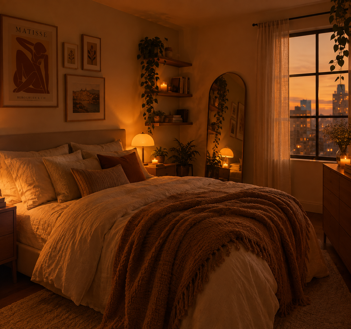 A bedroom at sunset with layered bedding and a lit lamp